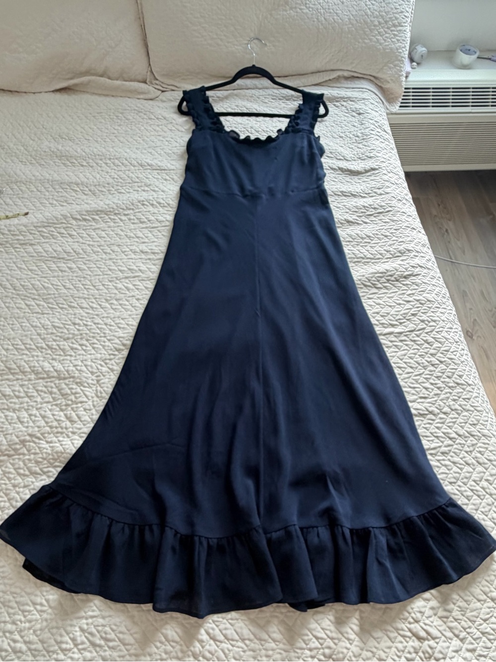DKNY Navy Ruffle Strap Midi Dress Size 10 Fit & Flare Sleeveless